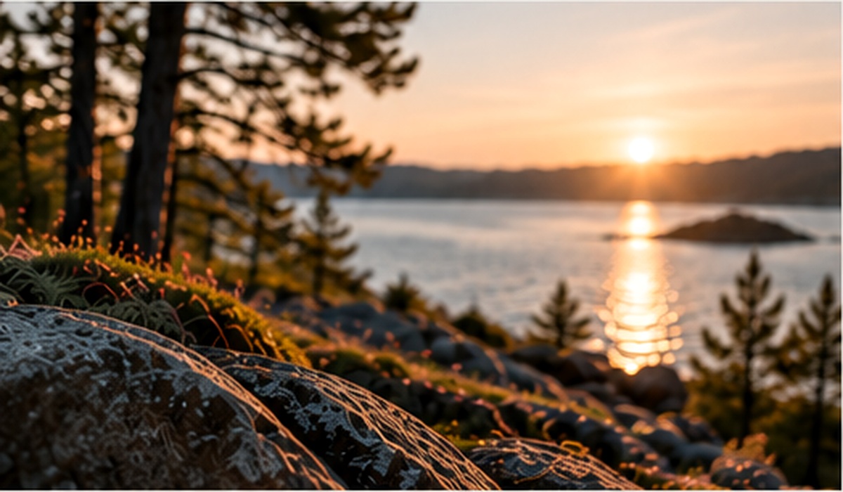Solnedgång över vatten och klippor